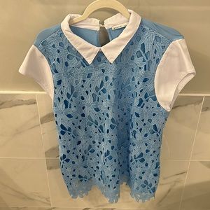 Kaily K blue lace top with white collar and sleeves.